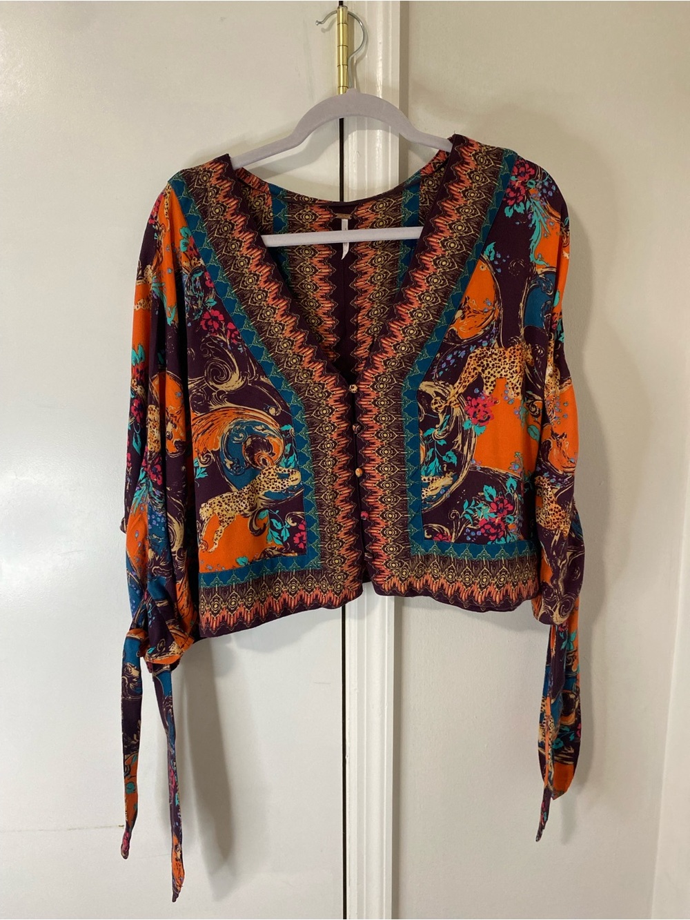 Free People  S Boho Kimono Crop Top Jacket Artsy Festival Oversized Tie Sleeves
